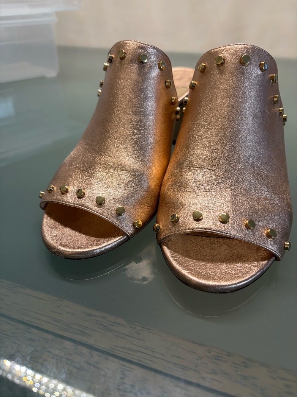 Jimmy Choo Rose Gold Studded Open-Toe Mules - Picture 2 of 13